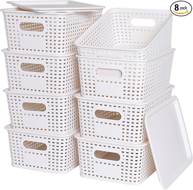 Ohmlove 8 Pack Plastic Storage Baskets with Lids for Organization | Stackable Storage bins, Storages Baskets for Organizing Shelves Drawers Desktop Closet Playroom Classroom Office, White by OHMLOVE