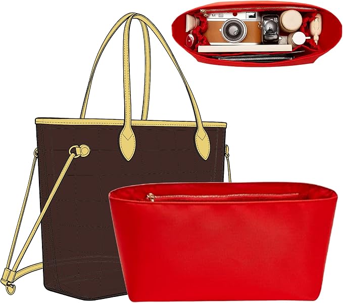 Nylon Purse Organizer Insert for Lv Neverfull MM Bag, Tote Dividers | Neverfull MM Organizer Red, 5 Compartments Storage, Zipper Pocket, Bottle Holder, Protects Bags, Easy Clean, For Travel by OAIKOR