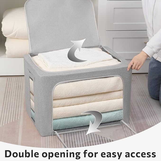 FHSQX 2 Pack Clear Window Storage Bins - Large Stackable Linen Fabric Storage for Clothes Foldable Container Organizer Set with Carrying Handles (Light Gray, 15.7x 11.8x 11.7 Inch) - Image 2