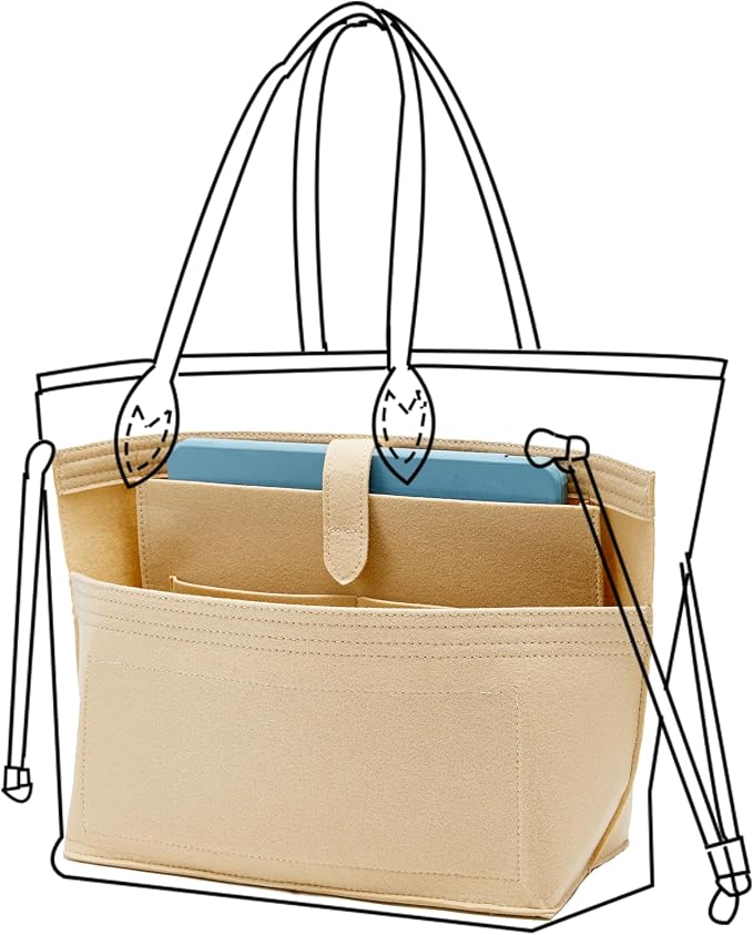 Purse Organizer Insert for Handbags, Felt Neverfull MM Organizer Insert with Laptop Compartment, Tote Bag Organizer with Zipper Pocket and Bottle Holder, Fit Neverfull MM and More, Beige-L - Image 5