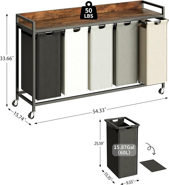 Herture Laundry Hamper with Shelf, Laundry Basket 5 Section, Laundry Sorter with Pull-Out Removable Large 5 Color Bags and Movable Wheels, Metal Frame, 5 x 15.87 Gallons (60L), Rustic Brown PF08XLN - Image 2