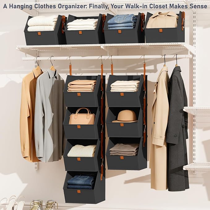 DIMJ Hanging Closet Organizer - 4 Tier Collapsible Hanging Shelves with Hooks Zipper, Fabric Clothes Organizer, Space-Saving Storage Bin Basket for RV, Bedroom, Laundry Organization - Image 2