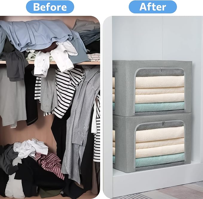 CYhom 3Pack Foldable Storage Bins - Frame Storage Box Linen Fabric Stackable Clothes Container Organizer with Clear Window & Carry Handles Large Capacity (Extra Large-100L, Dark Gray) - Image 8