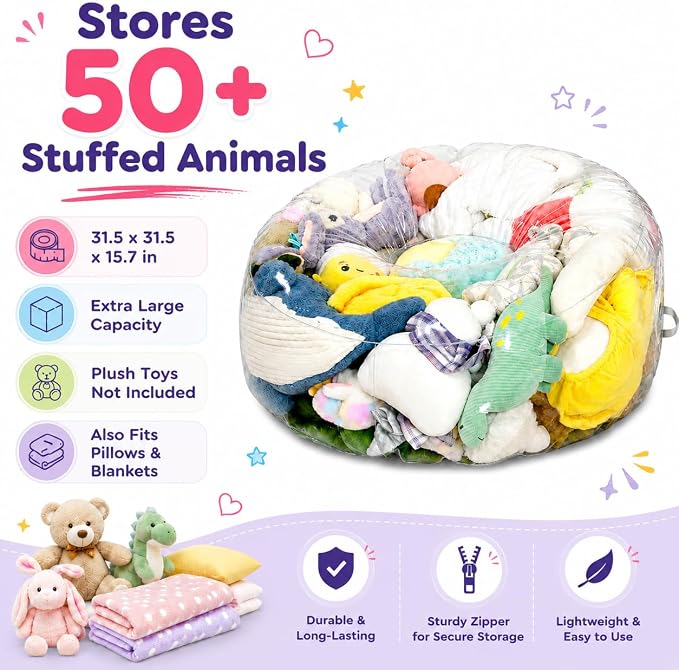 Clear Stuffed Animal Storage Bean Bag Chair Cover for Kids with Zipper | Transparent Waterparoof, Wipe Clean Thicker PVC, Holds 50+ Stuffed Animals, Double Zipper for Plush Toys Storage & Organizing - Image 2