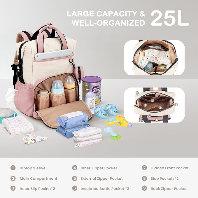 VONAL Diaper Bag Backpack, Lightweight Baby Diaper Bags, Travel Large Diaper Bag with Changing Station, Pink Diaper Backpack for Boys Girls Newborn with Insulated Pockets, Stroller Straps - Image 3