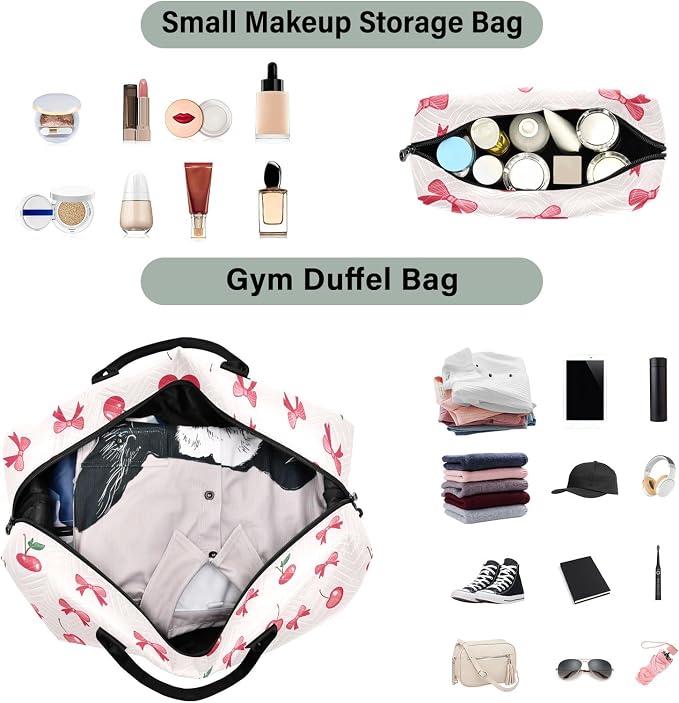 Large Travel Duffel Bag Sports Tote Gym Bag Overnight Weekender Bags Cherry Bow Carry On Luggage with Toiletry Bags - Image 4