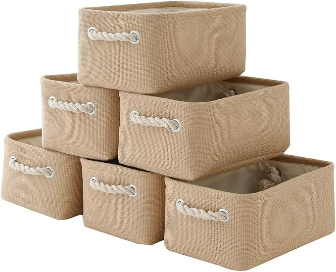 Storage Basket for Organizing - Small 6 Pack 11.8x7.8x5.2 inch Fabric Storage Cubes with Cotton Rope Handle, Collapsible Storage Bins Baby Storage Toy Nursery (Beige) by TheWarmHome