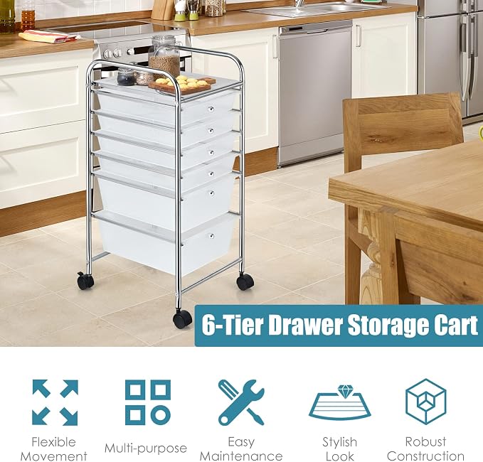 Giantex 6 Storage Drawer Cart Rolling Organizer Cart for Tools Scrapbook Paper Home Office School Multipurpose Mobile Utility Cart (Clear White) - Image 7