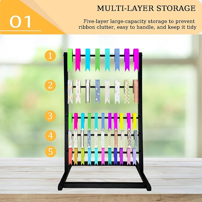5 Tier Metal Ribbon Organizer Rack for Craft Cake Ribbon Flower Display | Large Capacity Ribbon Stand Organizer, Display Rack Storage Shelf for Gift Wrapping Paper, Silk, Masking Tape - Image 4