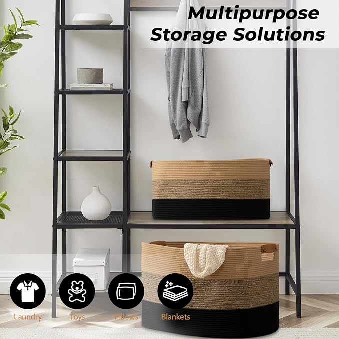 Large Blanket Basket for Living Room,72 L Rectangle Toy Storage Basket for Nursery Room, Woven Rope Storage Box with Leather Handle, 22’’*17’’*11.8’’, Gradient Linen - Image 5
