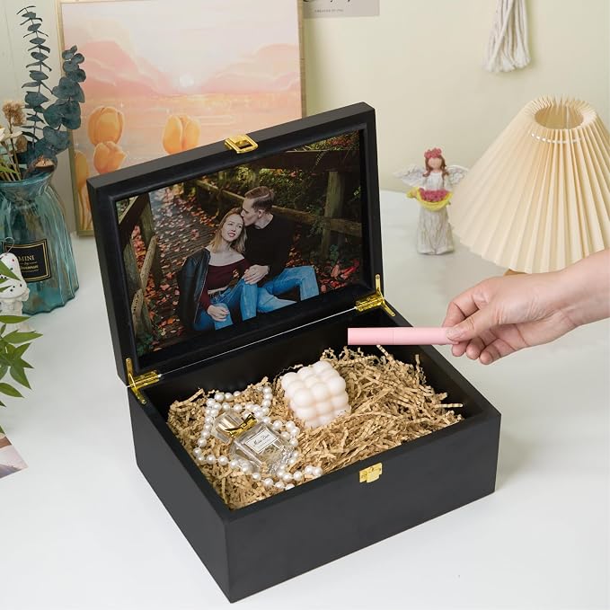 Larger Wooden Memory Keepsake Boxes With Hinged Lids and a photo frame inside the lid - Decorative Storage Box With a Hinge Lids For Picture Letter Time Capsule - 5.3“*8.6”*11.7“ Black - Image 7