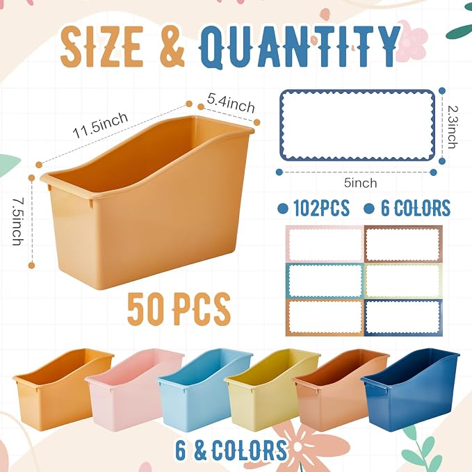 Geetery 50 Pcs Book Bin for Classroom with Labels Stackable Plastic Organizing Bins 11.5 x 5.4 x 7.5 in Book Holders Storage Bins Box Baskets for Classroom Library Home (Boho Color) - Image 2