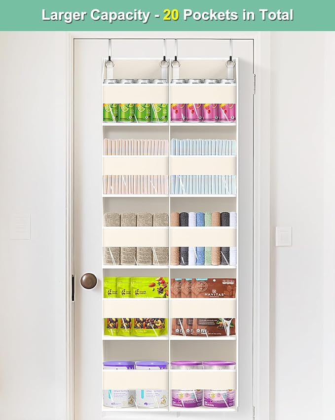 Heavy Duty Over The Door Organizer 5 Tiers, Extra Large Behind Door Storage of 10 Big Front & 10 Mesh Pockets, 80lb Weight Capacity, Hanging Doors Storage for Closet Bedroom Nursery, Beige - Image 3
