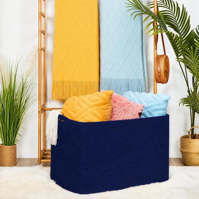 112L Extra Large Blanket Basket Holder Living Room, 25"x17"x16" Rectangle Rope Woven Storage Basket with Handles for Laundry, Towels, Shoes, Dog Toy Organizer Bin Box, Full Navy - Image 2