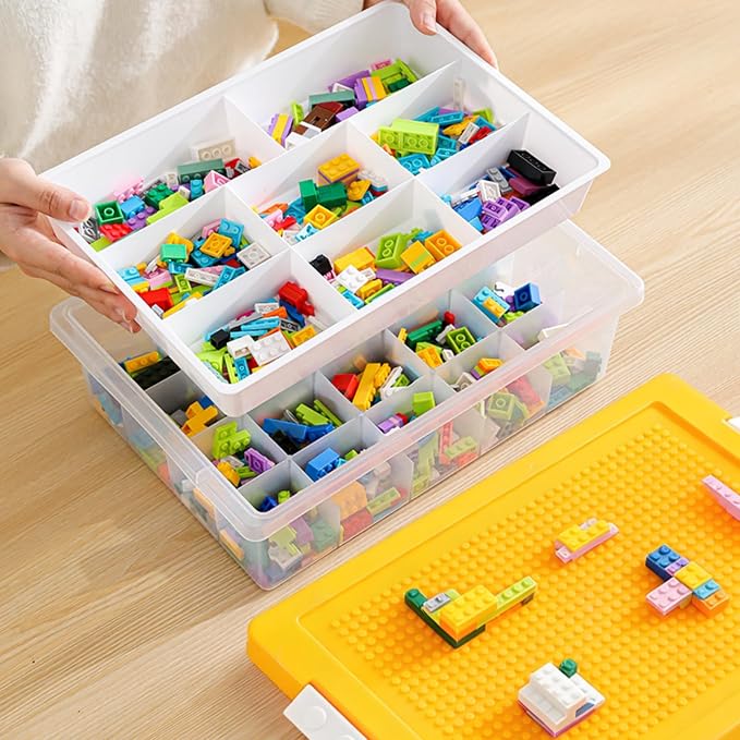 Building Block Organizer Bin, Building Baseplate Lid | Double Layer Plastic Brick Storage Box, Stackable Art Crafts Container with Removable Divided Tray for Home, Office, Yellow - Image 5