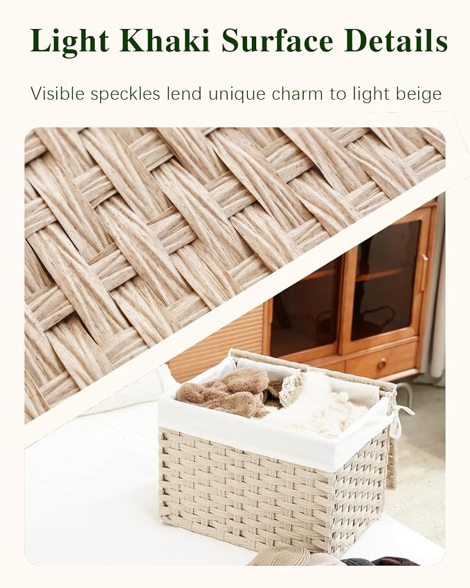 SETVSON Storage Basket with Lid, 2-Lid PE Rattan Storage Bin, Light Khaki | Dual Lid Small Items & Accessories Organizer, Divided Sock & Underwear Bin, 2 Washable Liner Bags, Small Collapsible Trunk - Image 3