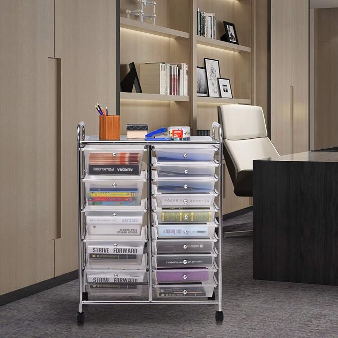 DREAMADE Rolling Cart with 15 Drawers, Clear Plastic Drawer Organizer w/Lockable Wheels, Removable & 2-Sized Storage Drawers, Art Cart for School Home Art Supplies Crafts File Scrapbook (Transparent) - Image 8
