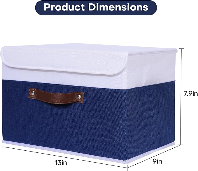 ANMINY Fabric Storage Box Bins with Lids, Blue White, 13"x9"x7.9" | Keepsake Memory Storage, Cotton Linen, PP Board Reinforced, Washable, PU Handles, Foldable & Stackable, Decorative, Medium - Image 2
