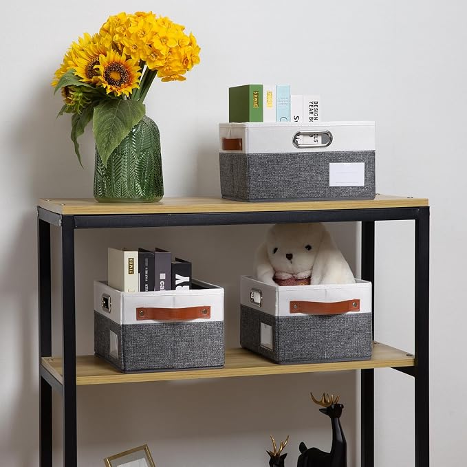 Foldable Storage Bins with Handles [3-Pack] Fabric Collapsible Storage Boxes Baskets Cubes Containers with Handles for Closet Living Room Bedroom (Grey & White 11.5x8.5x6.7'') - Image 2
