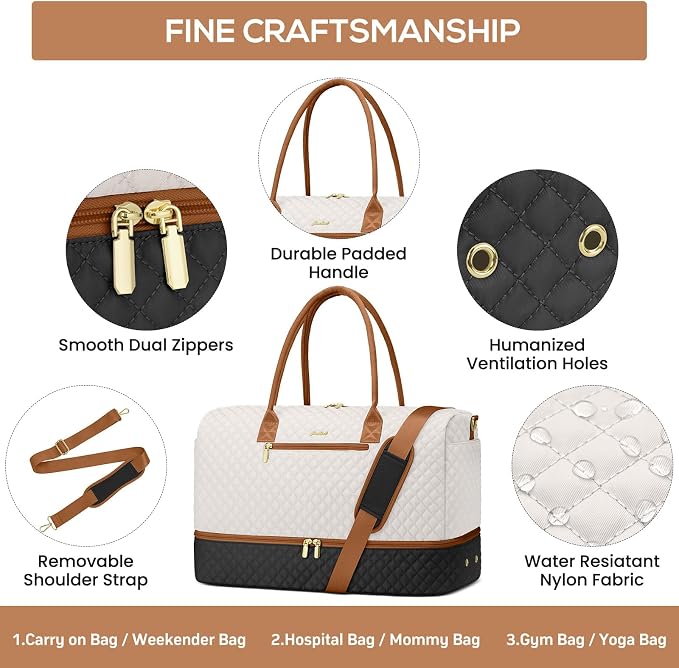Travel Weekender Duffle Bags for Women - Duffel Bag with Shoe Compartment Carry On Overnight Bag with Toiletry Bag with Wet Pocket for Gym Hospital Bags for Labor and Delivery Black White Brown - Image 5
