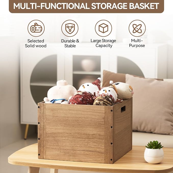 KIRIGEN Stackable Wood Storage Cube with Handles, Open Crate Bin, Brown | Wooden Box and Open Front ,Stackable for Books, Clothes, and Closet Storage, Assembly Required, 14.17 x 14.17 x 10.31 Inch - Image 2