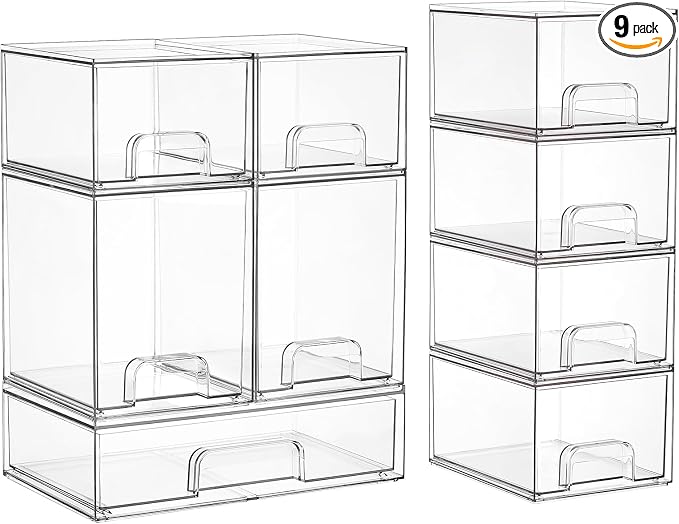 Vtopmart Clear Stackable Storage Drawers Set of 9, Plastic Organizer Bins | Multi-purpose Boxes for Baby Bottle Storage, Ideal for Kichen, Vanity, Bathroom, Undersink, Cabinet, Pantry Organization by Vtopmart