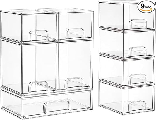 Vtopmart Clear Stackable Storage Drawers Set of 9, Plastic Organizer Bins | Multi-purpose Boxes for Baby Bottle Storage, Ideal for Kichen, Vanity, Bathroom, Undersink, Cabinet, Pantry Organization by Vtopmart