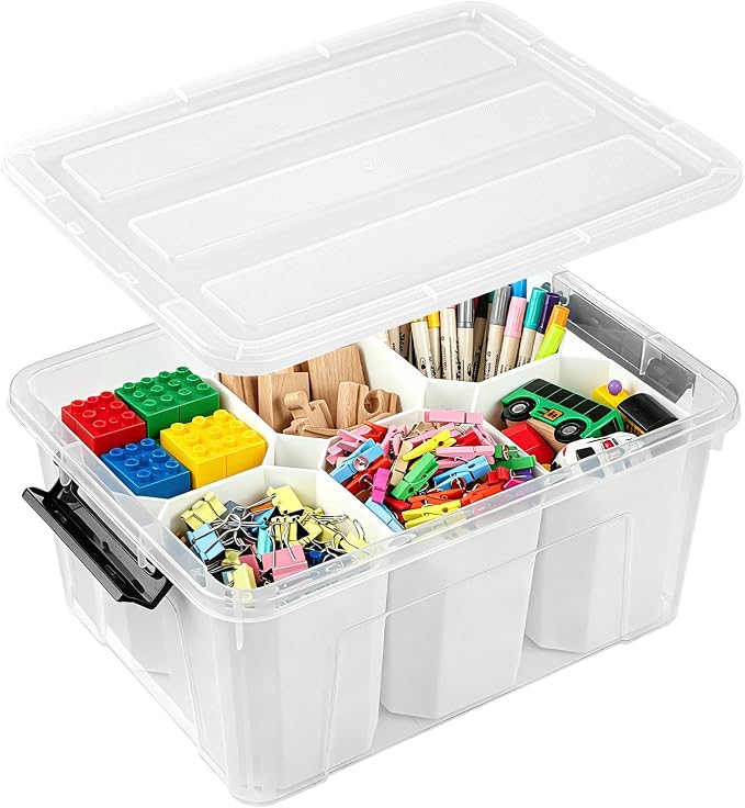 EOENVIVS Clear Storage Bins with 6 Tall Inserts, Stackable craft organizers and storage Box, Plastic Storage Totes with Lids and Handles for Crafts, Jewelry & Sewing, Art Supplies, Markers, Pens by EasyCozyHomey