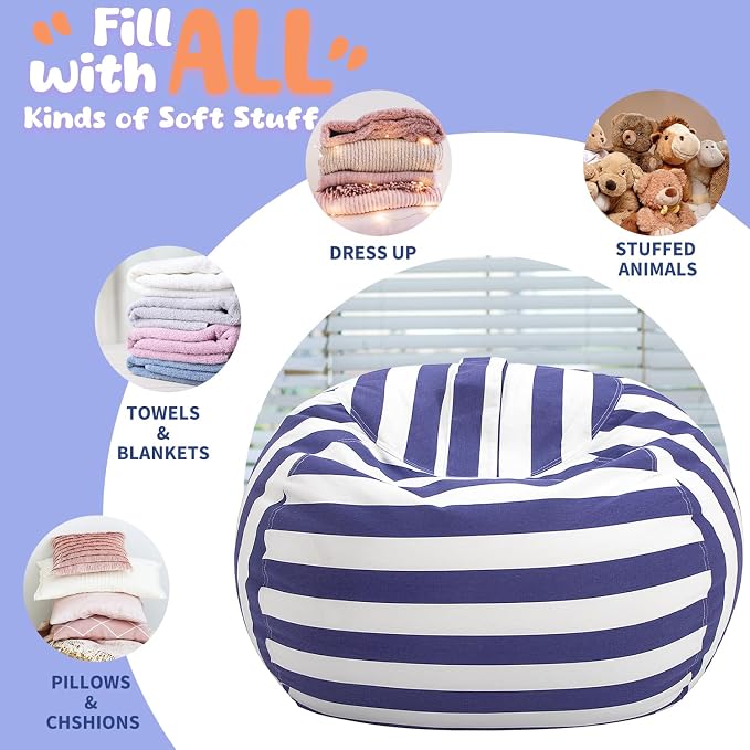 WEKAPO Stuffed Animal Storage Bean Bag Chair Cover for Kids | Stuffable Zipper Beanbag for Organizing Children Plush Toys Large Premium Cotton Canvas (Navy Strip, X-Large) - Image 4
