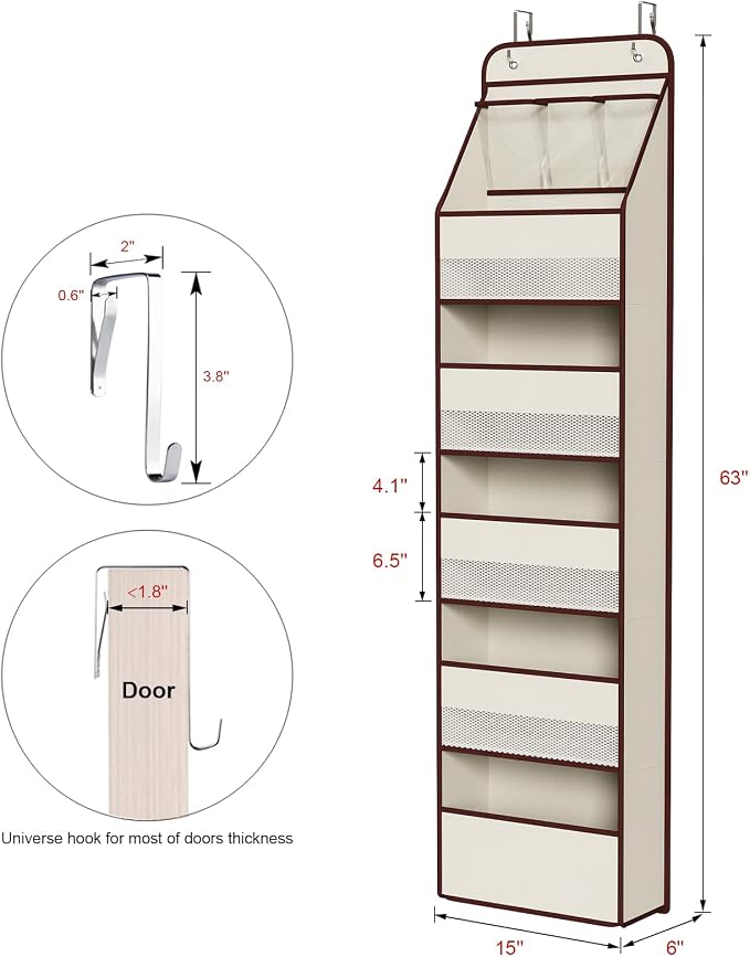 Univivi Fabric Over Door Hanging Organizer for Baby Nursery, Beige, 6-Shelf | Door Storage with Large Capacity Breathable Mesh Pockets, Over the Door Organizer for Baby Essential, Bedroom and Dorm - Image 3