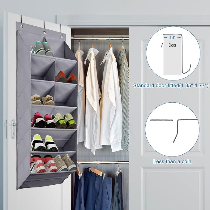 FENTEC 2 Pack Over the Door Shoe Organizer, Hanging Shoe Organizer, 6-Tier Large Deep Pockets Door Shoe Rack with 3 Hooks Shoe Organizer for Shoes, Sneakers, and Home Accessories, Grey | 6-Tier Large Deep Pockets Door Shoe Rack for Closet Shoe Organize... - Image 7