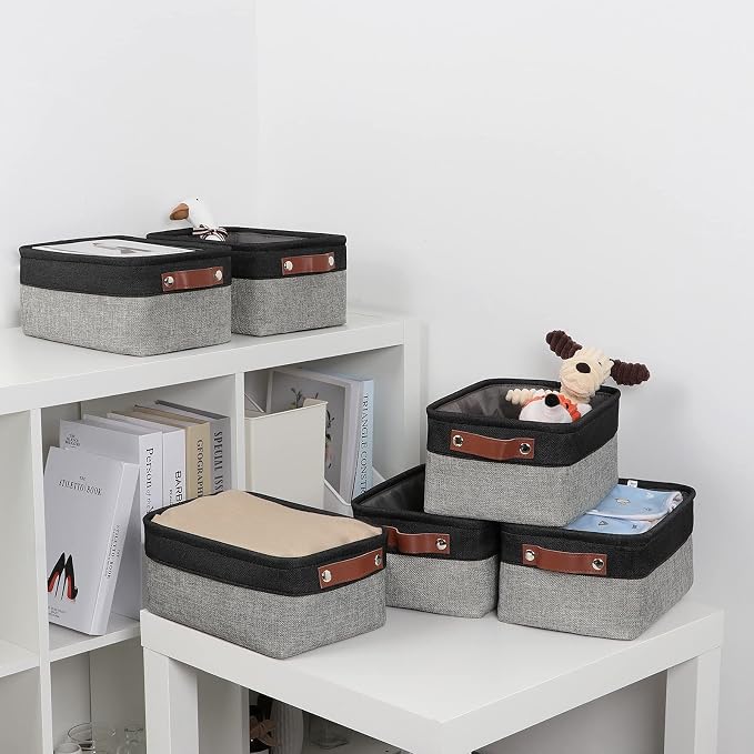 DULLEMELO Small Storage Baskets for Shelves, Small Fabric Collapsible Rectangular Storage Bins for Shelves, Closets, Nursery, Home, Office, Empty Gift Baskets (6-Pack, Black&Gray) - Image 6