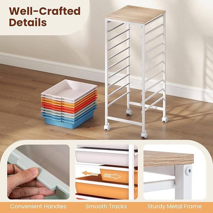 Giantex Rolling Storage Cart with 10 Drawers, Utility Cart w/Wooden Tabletop, Lockable Wheels, Multipurpose Organizer for Art Craft Books Paper, Drawer Carts for Dorm Classroom Office, Macaron - Image 9