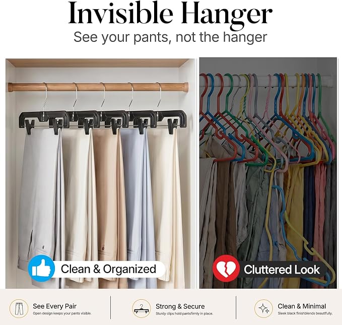HOUSE DAY Black Pants Hangers with Clips 12 Pack, Plastic Skirt Hangers for Women, 14 Inch Clip Hanger for Pants, Skirts, Jeans, Shorts, Legging, with 360-degree Swivel Hook, 2 Adjustable Clips - Image 5