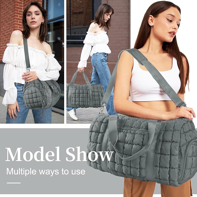 Quilted Travel Duffle Bag Gym Bag for Women,Large Puffer Duffle Weekender Bag with Compartment,Workout Overnight Carry on Organizer Bag Duffle Bag for Airplane Travel(L-Grey) - Image 4