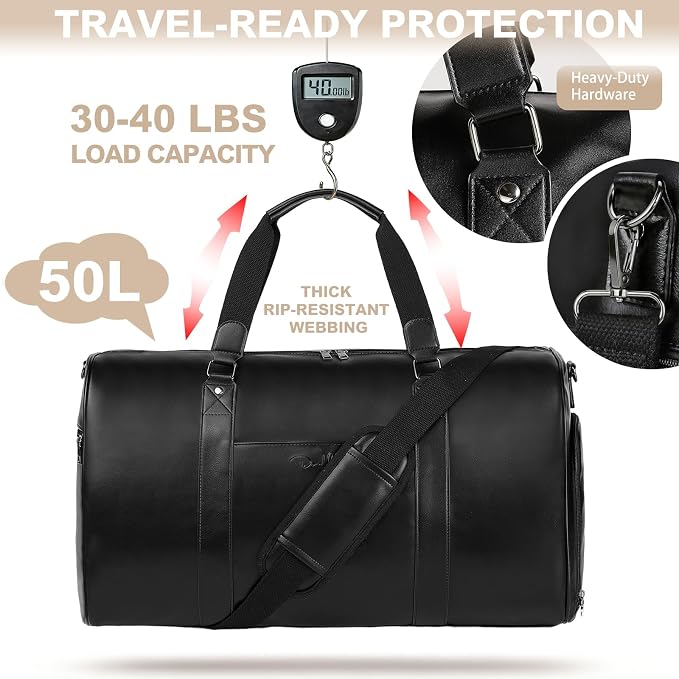 Large 3-in-1 Leather Duffle Bag for Travel Weekender Overnight Hospital Gym Bag for Men & Women, Carry On Airline Approved Personal Item Duffel Garment Bag Luggage with Shoe Compartment & Toiletry Bag - Image 3