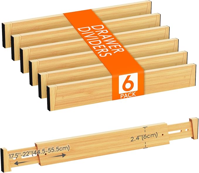 Lifewit 2.4" Kitchen Drawer Dividers, Adjustable Bamboo Drawer Organizers | 6 Pack 17.5"-22" Expandable Drawer Separator for Clothes, Utensils, Dresser, Cabinet, Closet, Nursery Organization & Storage by Lifewit