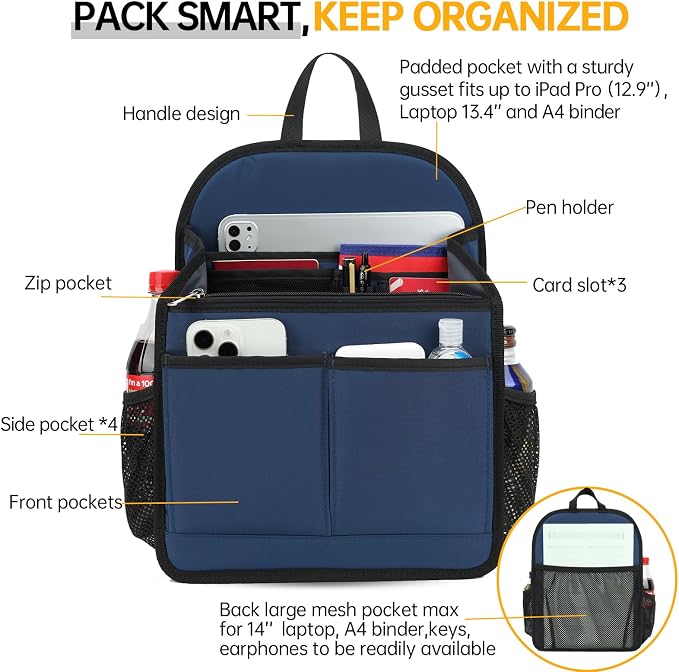 Large Premium Wider Rugged Backpack Organizer Insert for Men Women Work Travel -19 Pockets, Padded Nylon-Navy - Image 2