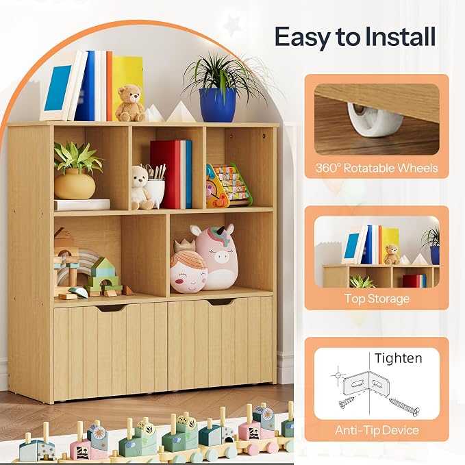 HOOBRO Toy Storage Organizer, Toy Organizers and Storage with 2 Movable Drawers and 5 Cubbies, Kids Bookshelf and Toy Storage for Books or Dolls, Toy Shelf for Playroom, Natural NL88CW01 - Image 5