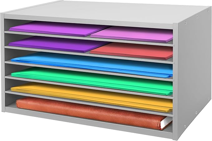 Construction Paper Organizer 20" x 13.5" x12.2",Soild Wooden Paper Organizer with 6-Tier Letter Trays, Desktop File Papers Sorter for Home, Classroom and Office (Gray) by Hamstercages
