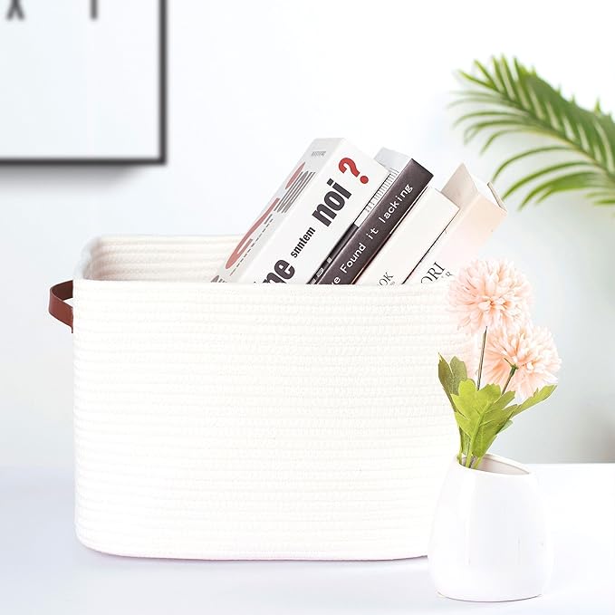 3-Pack Decorative Woven Storage Baskets for Shelves, Cube Bin Box for Organizing Books, Shoes, Dog Toys, Pantry Closet and Living Room Organizer, Creamy White - Image 2