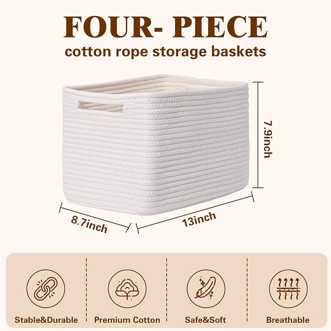 Storage Baskets for Organizing, 4 Pack Baskets for Shelves, Decorative Storage Bins for Shelves, Cotton Rope Storage Basket with Handles, Woven Basket for Storage, 13''Lx8.7''Wx7.9''H, White - Image 3