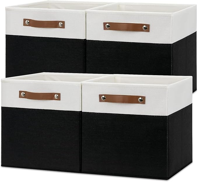 Temary Foldable Storage Cubes Set of 4 - Organizers with Handles, Decorative Storage Boxes for Home, Office (White&Black) by TEMARY