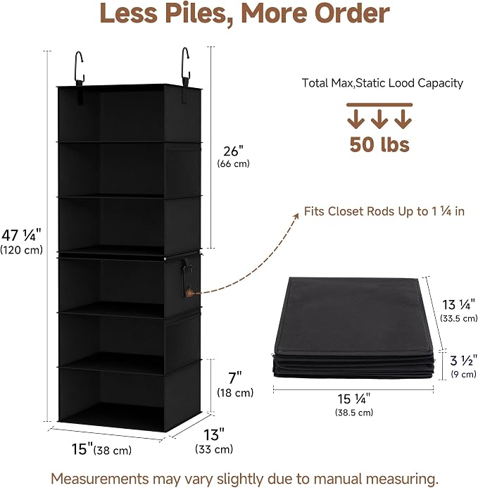 StorageWorks Hanging Closet Organizer 6-Shelf, Jumbo Separable Two 3 Shelf Closet Storage Organizer with Side Pockets, Portable Hanging Shelves for Wardrobe, RVs, 13 "D x 15 "W x 47 ¼"H, Black - Image 2