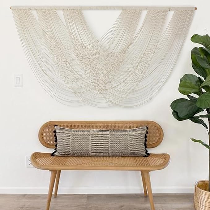 Macrame Wall Hanging Boho Wall Decor Ivory Fiber Handmade Large 57"W*31"L | Large Sofa Wall Accent, for Bedroom Headboard Decor, Handwoven Yarn Texture, Boho Fiber Art Detail, Cozy Home Statement - Image 2