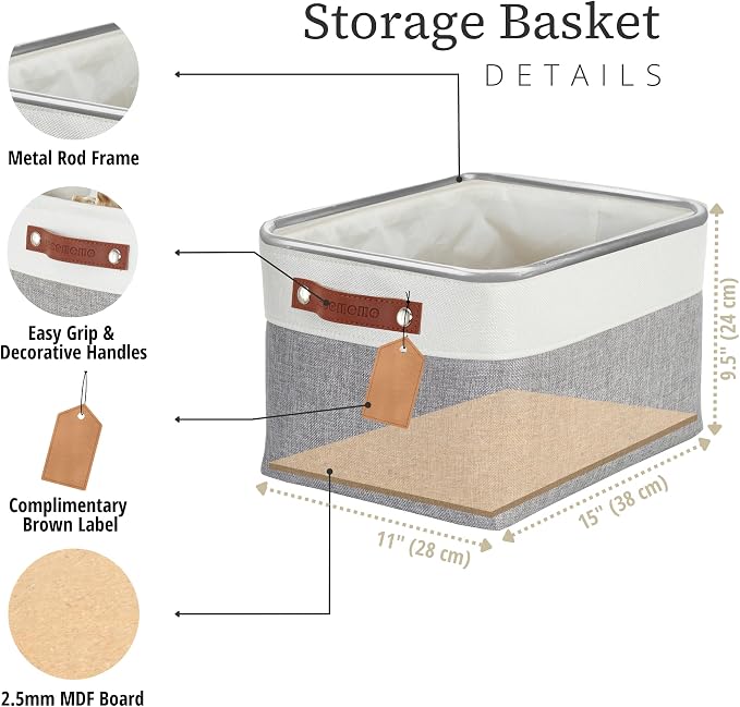 DECOMOMO Storage Bins, Large Fabric Storage Baskets for Shelves 1 Pack | 15 x 11 x 9.5 inches Decorative Linen Closet Organizers (Grey & White) - Image 3