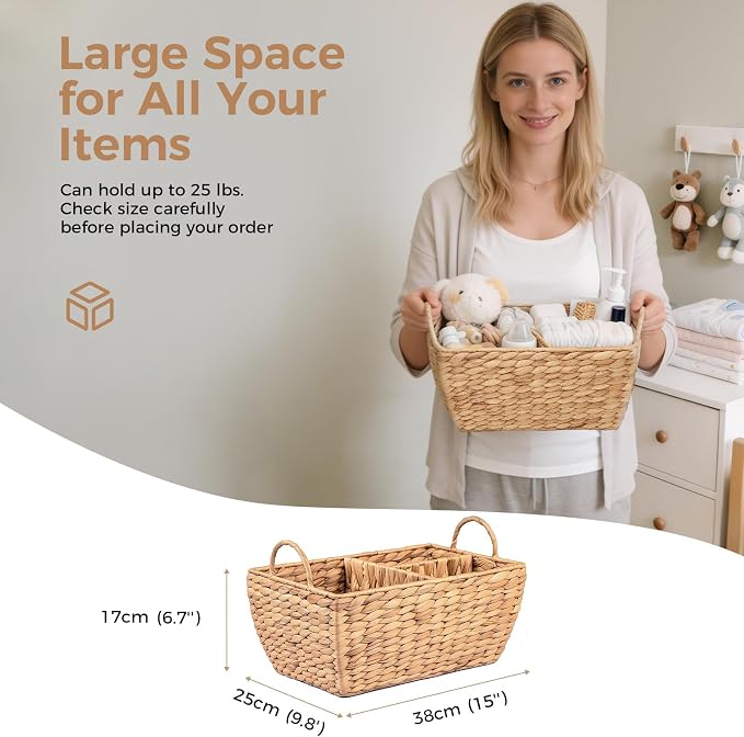 Baby Diaper Caddy Organizer, Handwoven Nursery Basket Changing Table Organizer Natural Water Hyacinth Storage Basket for Nursery Bathroom Kitchen Shelves Office Supplies Organization (Natural, XL) - Image 3
