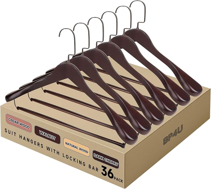 Wide Shoulder Wooden Hangers with Locking Bar, Dark Cherry, 36-Pack | Non-Slip Suit Hangers with Flat-Head Hook for Suits, Jackets, Coats, Shirts, Outerwear and Heavy Clothes by BP4U%E2%84%A2