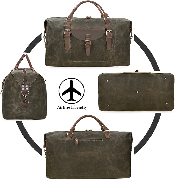 Oversized Travel Duffel Bag Waterproof Canvas Genuine Leather Weekend bag Weekender Overnight Carryon Hand Bag, Dark Brown - Image 7