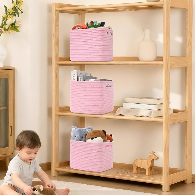 3 Pack Cube Storage Bin, 9”x9”x7” Cotton Rope Woven Baskets for Organizing Toys Clothes Towels, Square Gift Storage Baskets for Shelves, Nursery, Closet, Bathroom, Pantry (Pink) - Image 7